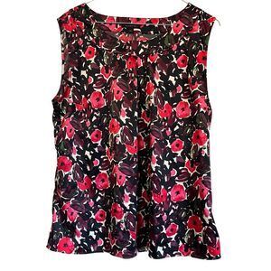 Black Sleeveless Watercolor Floral Women’s Sz L Side Zip Blouse